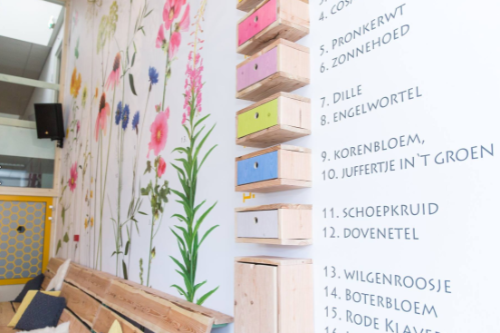 Foto van een behangen muur met bloemen.