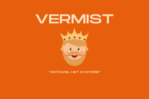 Een afbeelding van een Koning en als Titel: Vermist en ondertitel: Ontrafel het Mysterie 