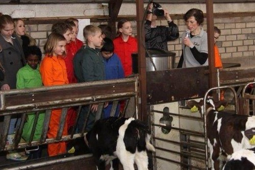 Kinderen luisteren naar uitleg over de boerderij.